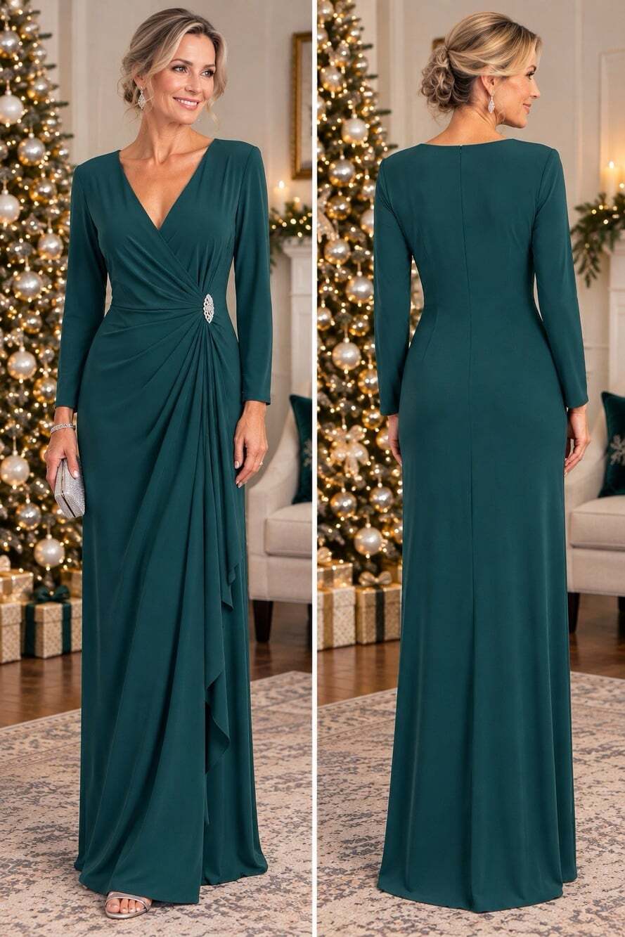 Vintage Lauren Ralph Lauren Gown 8 Spruce Green Rhinestone Draped Formal Maxi